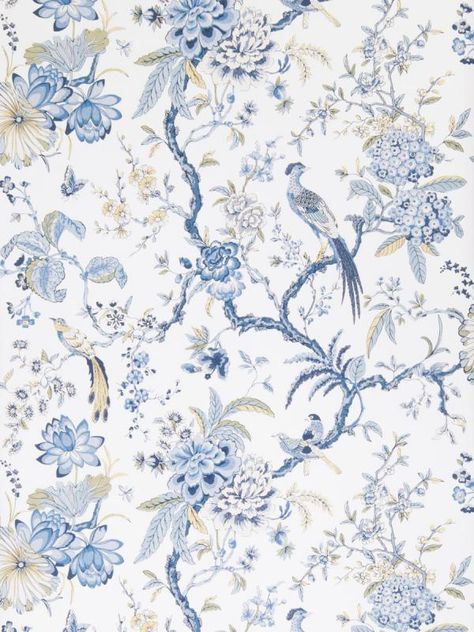 Emeline Oxford Wallpaper 50064W 01 Fabricut Blues Greens Taupes Whites Birds Wallpaper Floral & Plants Wallpaper Jacobean Floral Wallpaper, 100% Cellulose, Easy to clean , Easy to wash, Easy to strip Blue And White Wallpaper, Wallpaper Warehouse, Chinoiserie Wallpaper, Plant Wallpaper, Bird Wallpaper, White Bird, Blue China, Wallpaper Bedroom, White Wallpaper