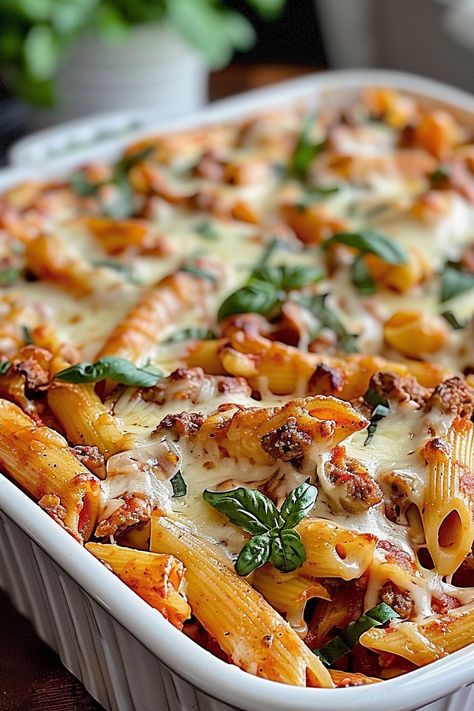 Hearty serving of Baked Mostaccioli topped with basil Baked Mostaccioli Recipe, Mostaccioli Recipe, Mostaccioli Pasta, Baked Mostaccioli, Ground Beef Pasta Recipes, Beef Pasta Recipes, Simple Family Meals, Ground Beef Pasta, Beef Pasta