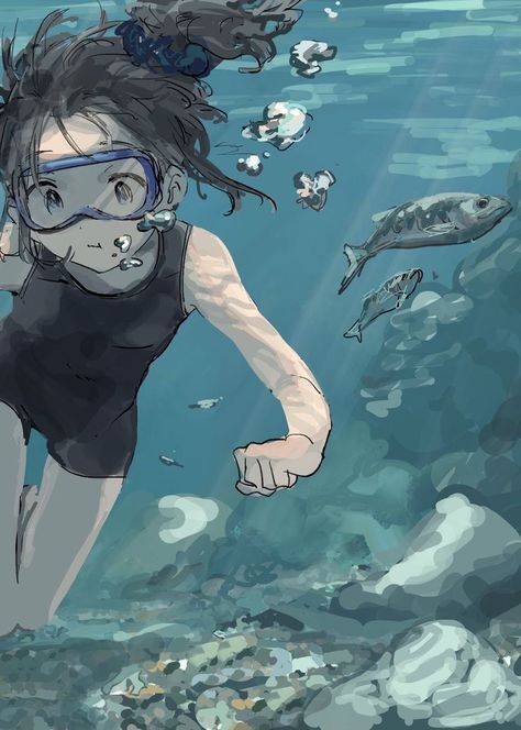 In The Ocean, The Ocean, A Woman, Anime Art, Swimming, Fish, Media, On Twitter, Twitter