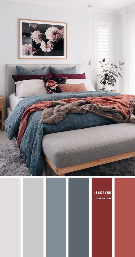 Dark Blue and orange colour combos - the perfect autumn colour palette Grey Bedroom Colors, Bedroom Colour Palette, House Color Palettes, Grey Bedroom, Bedroom Color Schemes, Blue Bedroom, Decor Minimalist, Bedroom Colors, Room Colors