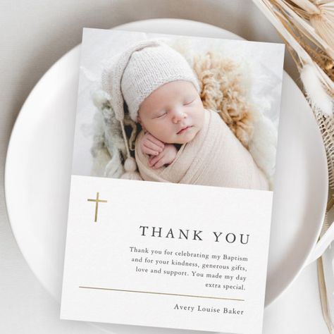 Modern Minimal Gold Cross Photo Baptism Thank You Card Cross Photo, Baptism Thank You Cards, Baptism Photos, Baby Event, Minimal Photo, Simple Typography, Minimal Gold, Baptism Cards, Cardboard House