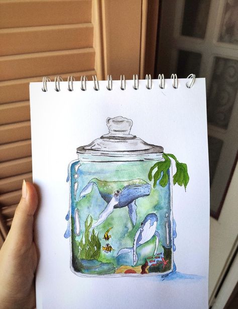 Magic jar Jar Drawing Aesthetic, Jar Art Drawing, Magic Jar, Jar Watercolor, Watercolour Sketches, Underwater Painting, Watercolor Whale, Jar Design, Jar Art