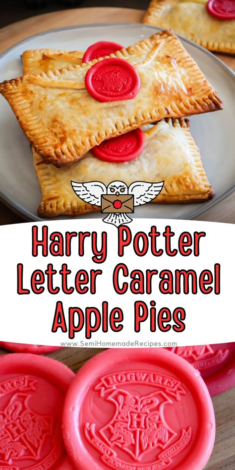 Harry Potter received his Hogwarts letter and you can too! Well, you can have the caramel apple pie version of his letter! These Harry Potter Letter Caramel Apple Pies hand pies are made to look like Harry's Hogwarts letter, complete with an edible Hogwarts candy "wax seal". Caramel Apple Pies, Harry Potter Dinner, Harry Potter Treats, Harry Potter Desserts, Harry Potter Snacks, Harry Potter Parties Food, Harry Potter Letter, Harry Potter Movie Night, Harry Potter Marathon