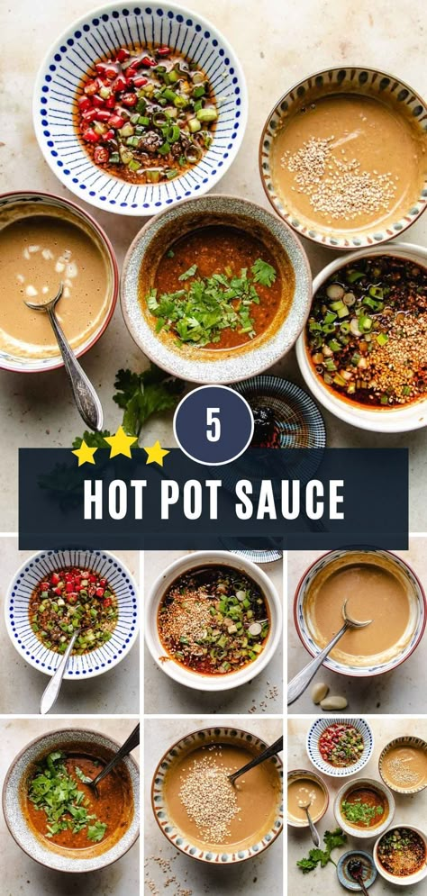 Hotpot sauces with 5 different flavors you can use for hot pot dipping! From Chinese steamboat to Japanese shabu, they are the must-have condiments for hot pot at home! #condiments #sauce #hotpotsauces #hotpot #chineserecipes #dressing #hotpot Hotpot Dipping Sauce Recipe, Hot Pot Sauces, Hot Pot Sauce Recipe, Korean Hot Pot Recipe, Hot Pot Broth Recipe, Hotpot Dipping Sauce, Hot Pot Dipping Sauce Recipe, Shabu Shabu Sauce, Asian Hot Pot Recipe