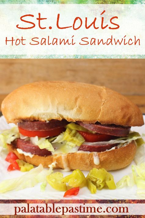 St. Louis Hot Salami Sandwich is inspired by the slow-cooked and thickly sliced salami sandwich from Gioia's Deli. via @suelau1 Hot Salami Sandwich Recipe, Salami Sandwich Recipes, Fall Sandwiches, Salami Sandwich, Salami Recipes, Flexitarian Recipes, Specialty Sandwiches, Sandwhich Recipes, Sliced Salami