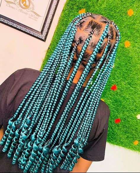 Blue And Green Braids For Black Women, Turquoise Box Braids, Box Braids Blue And Black, Box Braids With Blue Highlights, Light Blue And Dark Blue Box Braids, Juke Car, Big Cornrows Hairstyles, Holiday Braids, Blue Box Braids