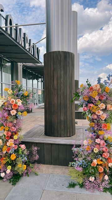 Wedding Flower Columns, Floral Columns, Colorful Wedding Altar Flowers, Floral Columns Wedding Ceremony, Diy Flower Tower Wedding, Flower Columns, Flower Pillars, Flower Tower Wedding, Floral Pillars