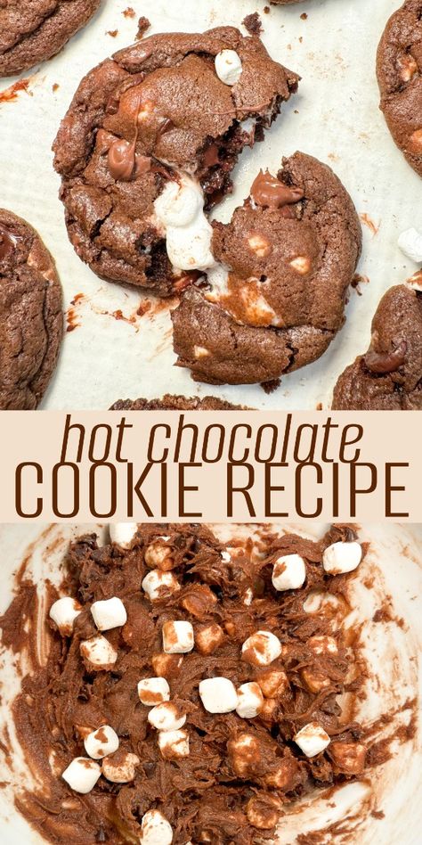 Delicious hot chocolate cookies loaded with all the right flavors! Soft and fudgy cookies loaded with marshmallows and chocolate chunks. These cookies are the perfect holiday treat! #effortlesscook #dessert #hotchocolatecookies #cookies #cookierecipe #chocolate #hotcocoa #hotchocolate #dessertrecipe Hot Cocoa Crinkle Cookies Nestle, Chocolate Cookies With Pudding, Dark Chocolate Marshmallow Cookies, Christmas Cookies Hot Chocolate, Cold Day Desserts, Hot Cocoa Cookie Recipe, Hot Cocoa Cookies With Marshmallows, Hot Chocolate Cookies With Marshmallows, Cookie Flavors Ideas