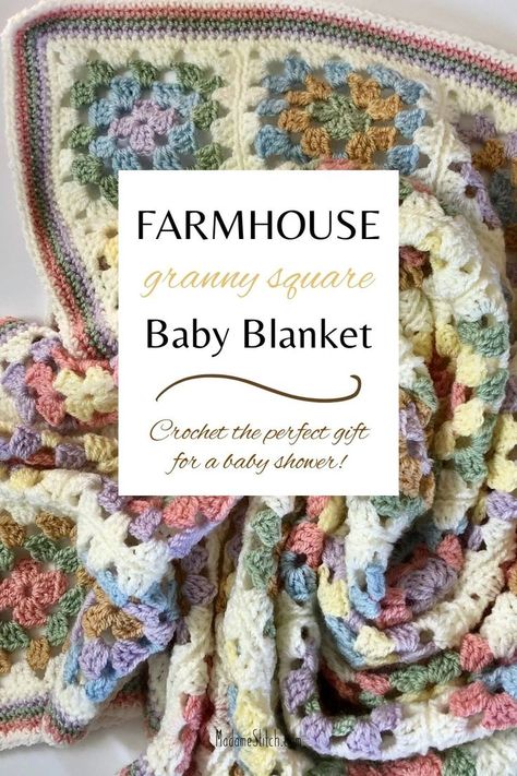 Wrap your little one in rustic charm with the Farmhouse Granny Square Baby Blanket. Inspired by quaint country living, this traditional granny square blanket is filled with warmth and nostalgia. Perfect for snuggles on chilly nights, it's the ultimate cozy companion. The crochet pattern for the Farmhouse Granny Square Baby Blanket is free to view on the blog, ensuring the blanket is as economical as it is comfy. Cotton Granny Square Blanket, Crochet Baby Blanket Free Pattern Granny Squares, Granny Squares For Baby Blanket, Granny Square Baby Blankets, Easy Crochet Blanket Patterns Free Granny Squares, Baby Crochet Patterns Free Blanket, Knitting Granny Squares, Granny Square Baby Blanket Free Pattern, Crochet Blanket Patterns Granny Square