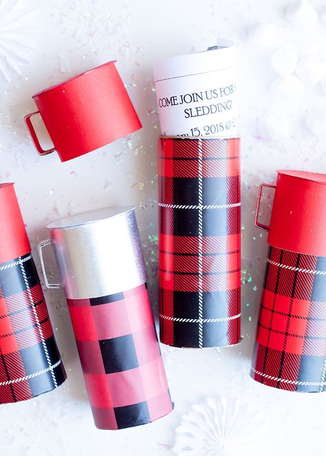 Put that leftover wrapping paper to good use by making these mini thermos favors for your winter party! Leftover Wrapping Paper, Flannel Party, Plaid Party, Lumberjack Party, Wrapping Paper Crafts, Vintage Thermos, Handmade Charlotte, Diy Party Favors, Winter Parties