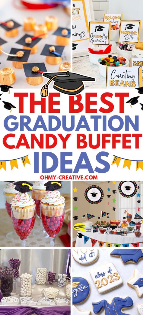 Do you need some Graduation Candy Buffet Ideas? You can’t go wrong with a buffet full of sweets! The perfect snacking option for your graduate’s big day! Graduation Buffet Ideas, Graduation Candy Ideas, Candy Table Ideas For Graduation, Graduation Snack Ideas, Graduation Candy Bar Ideas, Graduation Food Ideas Buffet, Grad Party Candy Bar, Graduation Party Menu Ideas, Graduation Party Candy Bar