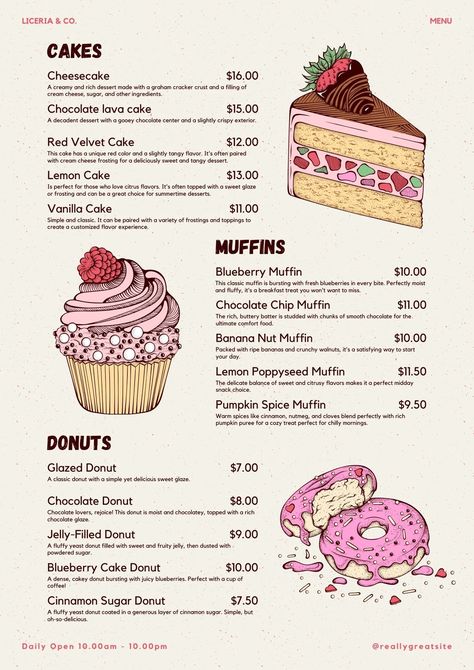 Templates Cupcake Menu Design Ideas, Baking Menu Template, Bakery Template Design, Baking Website Design Inspiration, Baking Website Design, Cake Menu Design Template, Cupcake Buisness Ideas, Cupcake Menu Design, Cupcake Business Ideas