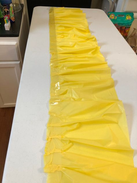 Tablecloth Ideas Party, Diy Ruffle Table Skirt, Parade Float Skirting Ideas, Dollar Tree Tablecloth Garland, Ruffled Table Skirt Diy Plastic Tablecloth, Plastic Tablecloth Ideas, Diy Table Cloth Garland, Diy Tablecloth Ideas, Diy Table Skirt For Party