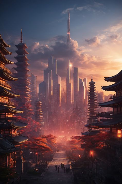 A stunning digital artwork of a traditional shrine in the futuristic Tokyo of 2024. The shrine is surrounded by skyscrapers and neon lights, creating a contrast between the old and the new. The setting sun casts a warm glow over the scene, adding a touch of emotion and nostalgia. #cyberpunk #tokyo #shrine #sunset #digitalart #futuristic #neon #contrast #emotion #nostalgia Futuristic Japanese City, Japanese Skyscraper, Tokyo Shrine, Future Tokyo, Skyscraper Art, Cyberpunk Tokyo, Traveller Rpg, The Setting Sun, Setting Sun