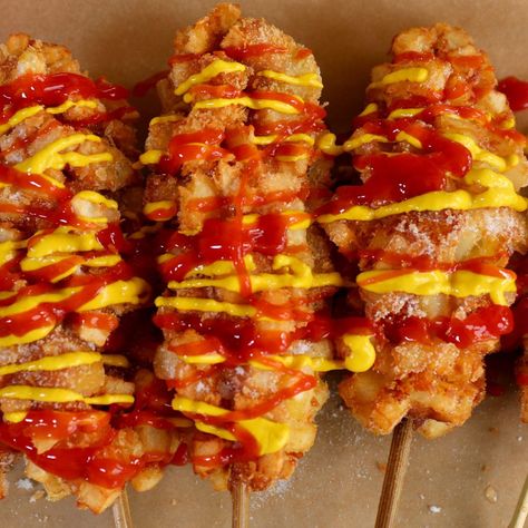 Korean-style french fries corn dog (Gamja-hotdog: 감자핫도그) recipe by Maangchi Korean Corn Dog Recipe, Maangchi Recipes, Hot Dog On A Stick, Korean Corn, Corndog Recipe, Fusion Recipes, Quick Dishes, Korean Cooking, Corn Dog