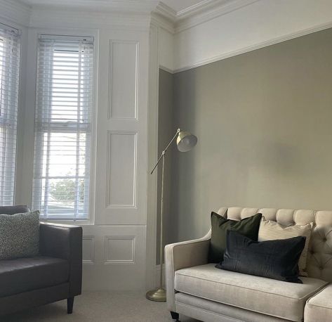 Dulux stone green Mossy Stone Dulux Paint, Dulux Jurassic Stone, White Window Shutters, Green Paint Colours, Dulux Grey, Timeless Living Room, Dulux Paint, Dulux Heritage, White Window