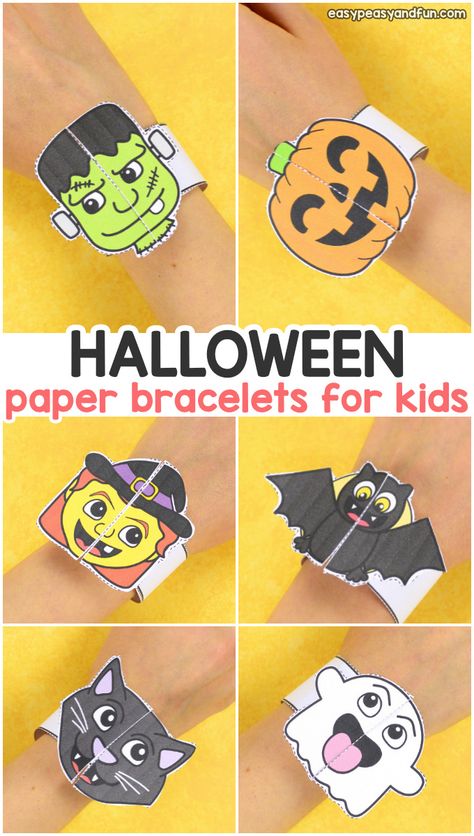 Printable Halloween Bracelets for Kids to Make Paper Bracelets, Bracelets For Kids, Paper Bracelet, Halloween Decorations For Kids, Halloween Crafts For Toddlers, Halloween Paper Crafts, Easy Halloween Decorations, Halloween Bracelet, Easy Halloween Crafts