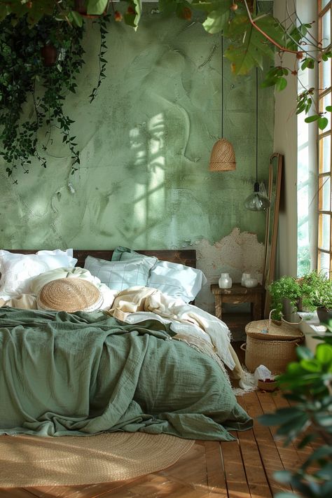 Trasforma la tua camera da letto con questo affascinante stile boho in tonalità verde. Gli elementi bohemien aggiungono un tocco di eleganza e creatività al tuo spazio, creando un ambiente rilassante e accogliente. Aggiungi cuscini decorativi, tappeti vintage e mobili in legno naturale per completare il look. #CameraDaLetto #ArredoCamera #StileBoho #DecorazioniCasa #DesignDInterni Green Boho Bedroom, Boho Style Home Decor, Bohemian Elements, Boho Style Home, Natural Wood Furniture, Cozy Fall Bedroom, Fall Bedroom, Boho Green, Cozy Atmosphere