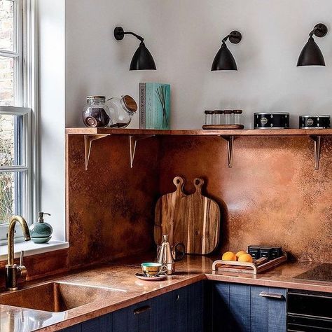 Copper Kitchen Splashbacks | Range of Finishes | Halman Thompson Copper Splashback, Kitchens Without Upper Cabinets, Copper Backsplash, Warm Color Schemes, Copper Tiles, Devol Kitchens, Mews House, Bedroom Images, Upstairs Bathrooms