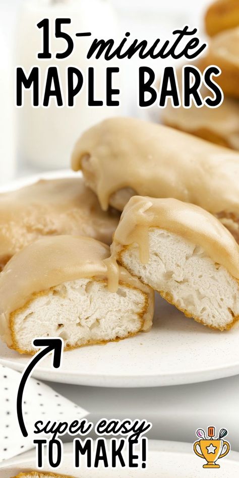 Easy 15 Minute Maple Bars Easy Canned Biscuit Recipes, Canned Biscuit Recipes, Maple Bars Recipe, Homemade Bars, Canned Biscuit, Maple Bars, Homemade Doughnuts, Flaky Biscuits, Biscuit Recipes