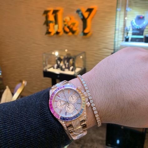 Rolex Daytona Rainbow 🌈 with after market diamonds 💎  Available in store 🏬 Audemars Piguet Rainbow, Rolex Rainbow Daytona, Rolex Rainbow, Rolex Daytona Rainbow, Formal Watch, Billionaire Aesthetic, 1 June, Rainbow Outfit, Tom Ford Men