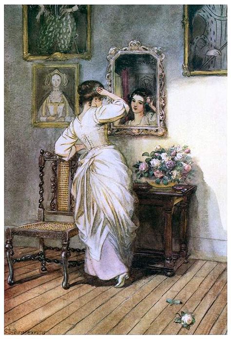 A young woman stands in front of a mirror, leaning on a chair as she pins in her hair a flower picked from a bunch next to her Masterpieces Painting, Mirror Paint, The Scarlet Letter, Diy Oils, Giclee Painting, Mirror Painting, Acrylic Paint Set, Acrylic Canvas, Jolie Photo