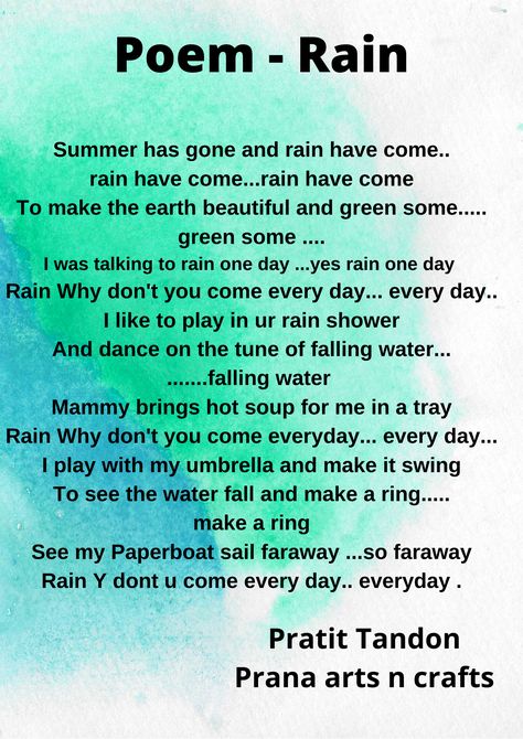 English Poem - Rain - Prana Arts and Crafts Poem On Rain In English, Poem Rain, Rainy Day Poem, Chinese Drama Checklist, Rain Poems, Poem Recitation, English Poem, Poems In English, Meaningful Poems