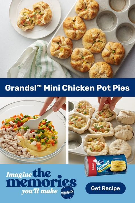 Imagine the memories you’ll make with Pillsbury Grands! Mini Chicken Pot Pies.  It's enough delicious goodness for the whole family. Mini Chicken Pot Pie Recipe, Pilsbury Recipes, Individual Chicken Pot Pies, Pillsbury Grands, Mini Chicken Pot Pies, Chicken Pot Pies, Chicken Pot Pie Recipe, Pot Pie Recipe, Biscuit Dough