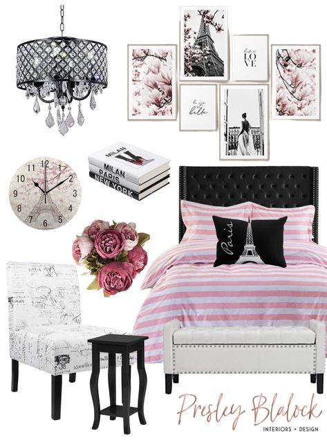 Black Tufted Bed Frame, Girls Paris Bedroom Ideas, Paris Bedroom Ideas For Teens, Paris Bedroom Ideas For Adults, French Style Bedroom Vintage, Girls Paris Themed Bedroom, Glam Chic Bedroom, Black Tufted Bed, Paris Theme Bedroom