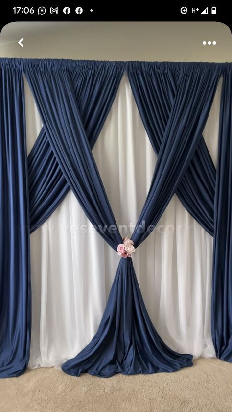 Curtain Swag Ideas, Navy Backdrop Ideas, How To Make A Wedding Backdrop, Diy Curtain Backdrop Wedding, Blue Backdrop Ideas, Decorating With Curtains, Backdrops For Parties Diy, Backdrop Curtain Ideas, Curtain Backdrop Ideas