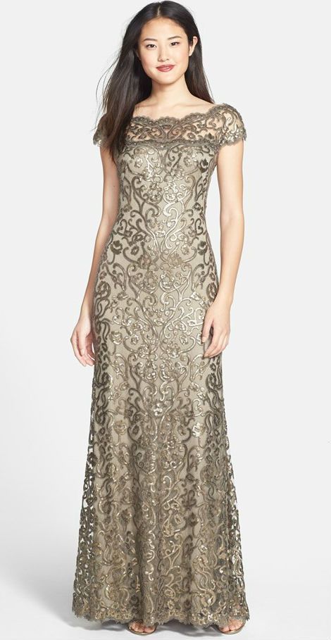 Such a stylish dress for the mother-of-the-bride or mother-of-the-groom! Golden lace dress with illusion neckline and sequins. Golden Lace Dress, Sukienki Plus Size, Mother Of Groom Dresses, Bridal Shower Dress, Elegante Casual, فستان سهرة, Shower Dresses, Groom Dress, Beautiful Gowns