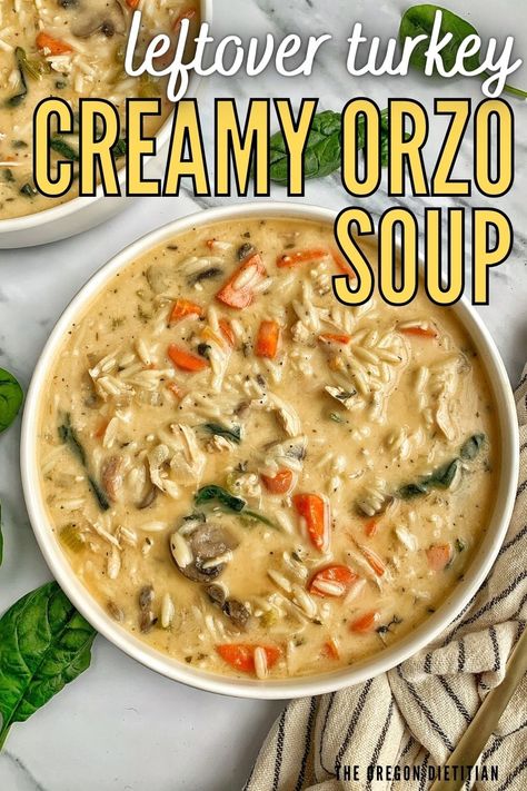 Wondering what to do with leftover turkey? Make this healthy soup! This amazing leftover turkey orzo soup is the perfect way to use up your shredded roast turkey! It's creamy & delicious with a healthy spinach and vegetable twist! After Thanksgiving, this easy leftover turkey idea is the perfect soup to make with your leftovers! With spinach, italian seasonings, this creamy homemade turkey soup is healthy, light, and filling. It's the perfect soup idea for your Thanksgiving leftover turkey! Orzo Turkey Soup, Leftover Thanksgiving Soup Recipes, Soup With Turkey Leftovers, Turkey Orzo Soup, Turkey Leftover Ideas, Turkey Orzo, Jennifer Goodwin, Shredded Roast, Thanksgiving Soup Recipes