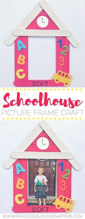 Back-to-school craft! Popsicle stick schoolhouse picture frame craft for preschoolers Popsicle Stick Picture Frame, September Crafts, Craft For Preschoolers, Picture Frame Crafts, Back To School Art, Back To School Crafts, School Craft, Popsicle Stick Crafts, Popsicle Stick