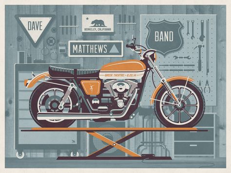 Dkng Studios, Dave Matthews Band Posters, Concert Poster Design, Motorcycle Illustration, Dave Matthews Band, Dave Matthews, Tour Posters, Up North, Gig Posters