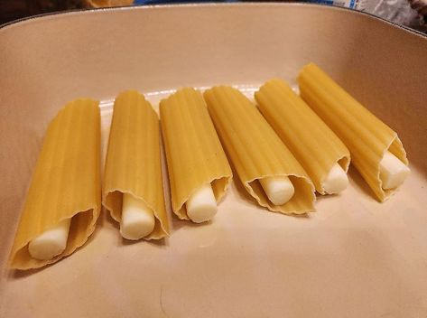 Cheese Stuffed Pasta Recipes, Easy Stuffed Pasta Recipes, Oven Baked Manicotti, Easy String Cheese Manicotti Recipe, Cheese Stuffed Manicotti Easy Recipes, Tik Tok Manicotti, Cheese Stick Stuffed Pasta, Dump Pasta Recipes, Stuffed Noodles Manicotti