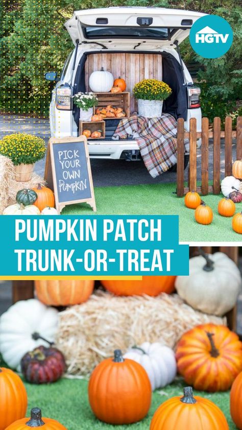 Trick-or-treaters will be delighted when they arrive at this mini pumpkin patch. A cute sign invites little ones to pick a real pumpkin or a pumpkin-shaped bag filled with Halloween candy. Pumpkin Patch Trick Or Trunk, Pumpkin Patch Themed Trunk Or Treat, Pick Your Own Pumpkin Patch, Pumpkin Walk Ideas, Trunk Or Treat Interactive, Scarecrow Trunk Or Treat Ideas, Pumpkin Patch Trunk Or Treat Ideas, Trunk Or Treat Pumpkin Patch, Farm Theme Trunk Or Treat