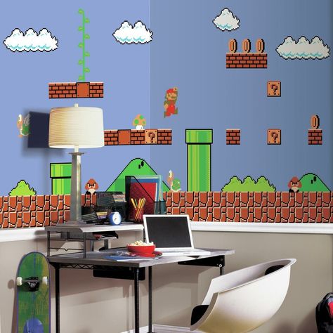 Mario Room, Room Mates, Game Room Wall Decor, Roommate Decor, Retro Chair, Removable Wall Murals, Chair Rail, Gamer Room, Game Room Design