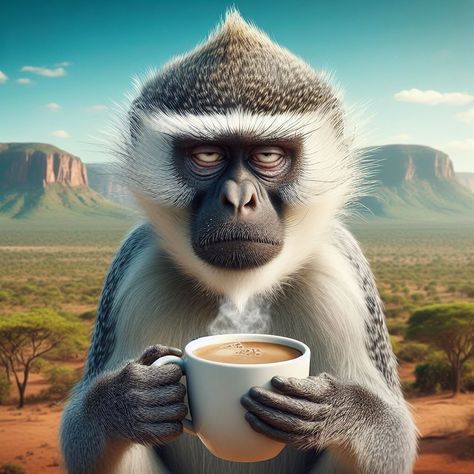 Animals Drinking Coffee, Cute Monkey Pictures, Good Morning Sister Quotes, Good Morning Sister, Monkey Pictures, Funny Good Morning Quotes, Cute Monkey, Silly Animals