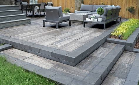 Stone Backyard, Stone Deck, Tiles Designs, Raised Patio, Patio Pavers Design, Exterior Wall Tiles, Wall Decoration Ideas, Paved Patio, Patio Tiles