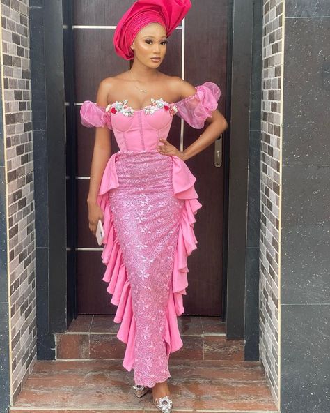 Off Shoulder Wing Ruffle Sleeve On Gown With Side Ruffles Gown Dress For Women, Lace Skirt And Blouse, Aso Ebi Dresses, Aso Ebi Lace Styles, Nigerian Lace Styles Dress, Nigerian Lace Styles, African Lace Styles, Lace Gown Styles, Lace Dress Styles