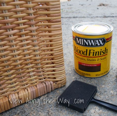 Supplies for Staining Wicker Storage Baskets Wicker Basket Makeover, Paint Wicker Basket, Wicker Storage Baskets, Basket Makeover, Wicker Chest, Wicker Couch, Wicker Box, Wicker Trunk, Wicker Bedroom