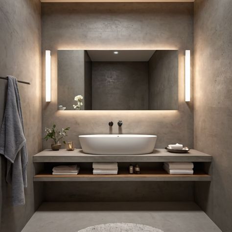 ⚠️LINK IN BIO⚠️ A contemporary urban chic bathroom with concrete walls, sleek fixtures, and a floating vanity for a modern, edgy look. #Bathroom #UrbanChic #ConcreteWalls #SleekFixtures #FloatingVanity Modern Bathroom Floating Vanity, Modern Cement Bathroom, Concrete Vanity Bathroom, Concrete Bathroom Vanity, Floating Vanity Bathroom, Mom Bathroom, Cement Bathroom, Masculine Bathroom, Bathroom Grey