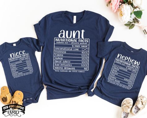 Aunt, niece and nephew nutritional facts matching shirts! Funny matching nutrition facts aunt and me outfit for aunt and niece, aunt and nephew and aunt and baby! Aunt Niece Nephew Nutritional Facts Shirts, Matching Aunt And Me Outfit, New Aunt New Baby, Aunt And Niece, Aunt And Nephew, Nutrition Facts Check out our full catalog of awesome here: https://www.etsy.com/shop/MyFuntasticFamily HOW TO ORDER: All shirts are added individually to the basket. * Choose shirt size & model. * Choose shirt t Aunt And Nephew Matching Outfits, Matching Aunt And Niece Shirts, Aunt Tattoo For Niece And Nephew, Aunt And Nephew Shirts, Uncle And Niece, Uncle And Nephew, Aunt And Niece Shirts, Nephew Shirts, Aunt Quotes