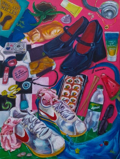 Paintings About Girlhood, Girlhood Artwork, Art Class Painting Ideas, Ap Art Themes, Girlhood Painting, Art About Childhood, Girlhood Art, Childhood Objects, Nostalgia Painting