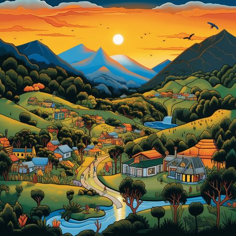 cartoon. Traditional Maori village. Dusk skies, yellow and orange heading into night. Village below the high mountains. Lush New Zealand flora. Traditional Maori in Traditional dress. Colourful New Zealand Flora, Night Village, Aesthetics Landscape, Landscape Irrigation, Landscape Installation, Landscape Planning, Dusk Sky, Lighting Landscape, Residential Landscaping