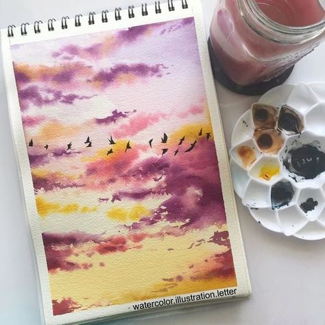 Sunset With Watercolor, Watercolor Art Sunset, Watercolour Art Ideas, Watercolor Sunsets, Watercolour Sunset, Watercolor Crafts, Sunset Watercolor Painting, Philosophy Design, Clouds Watercolor