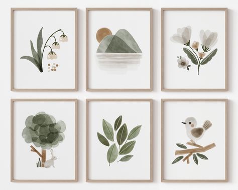 A set of 6 woodland nursery wall art prints featuring mountains, a tree, a bird, white flowers and leaves. A lovely gender-neutral woodland green nursery decor addition for any woodland themed nursery.  TAGS: Woodland nursery decor, woodland nursery wall art, woodland nursery prints, Gender Neutral Nursery Decor Art, Green nursery decor, green woodland prints, green nursery wall art, nursery wall art, mountain nursery decor, bird nursery decor, forest nursery wall art, forest nursery decor, gender neutral nursery prints, printable art, digital downloads. This is a DIGITAL download. No physical product will be shipped via post. Frames are NOT included. You can use the files to print the artwork at home or a local copy shop /online print shop of your preference. For PERSONAL USE only. Colors Green Baby Wall Art, Gender Neutral Nursery Wall Art, Gray And Green Nursery, Boy Nursery Ideas Green, Green And White Nursery, Green Gender Neutral Nursery, Green Nursery Wall, Green Nursery Decor, Green Nursery Boy