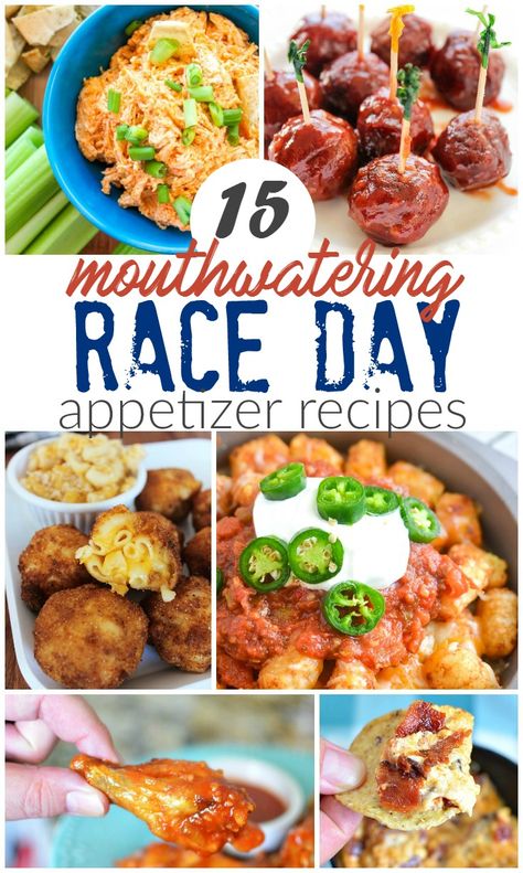 Here are 15 Mouthwatering Race Day Appetizer Recipes to enjoy while watching Sports Car Racing. These recipes include dips, meatballs, wings and more. Nascar Snacks, Race Food Ideas, Nascar Appetizers, Daytona 500 Party Ideas, Daytona 500 Party Food, Nascar Themed Food, Nascar Party Food, Nascar Themed Drinks, Race Car Themed Drinks