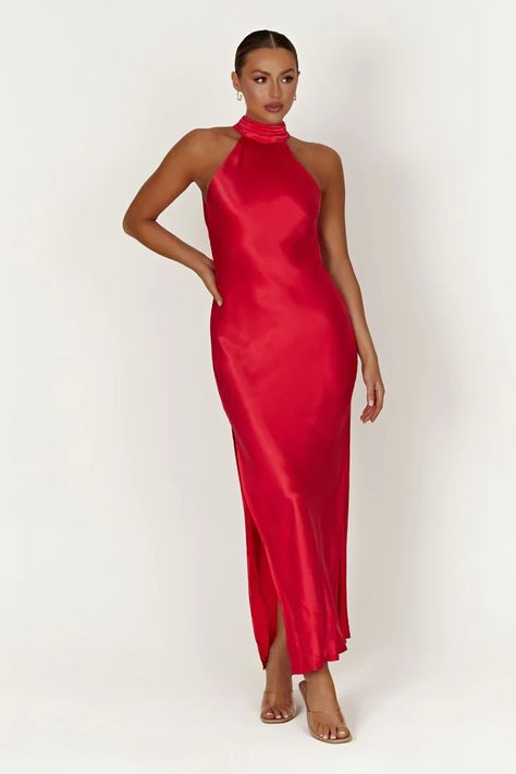 Red Dresses for Women - Shop Online | MESHKI US A Line Red Dress, Beige Dress Formal, Wedding Guest Accessories, Red Halter Dress, Dress With Split, Cocktail Dress Prom, Statement Accessories, Beige Dresses, Basic Dress