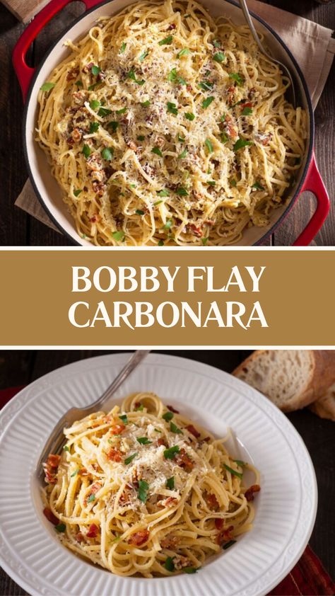 Bobby Flay Carbonara Bobby Flay Anchovy Pasta, Bobby Flay Recipes Dinners, Authentic Carbonara Recipe, Guanciale Recipes, Bacon Carbonara Pasta, Best Carbonara Recipe, Garlic Fettuccine, Carbonara Recipes, Carrabbas Recipes